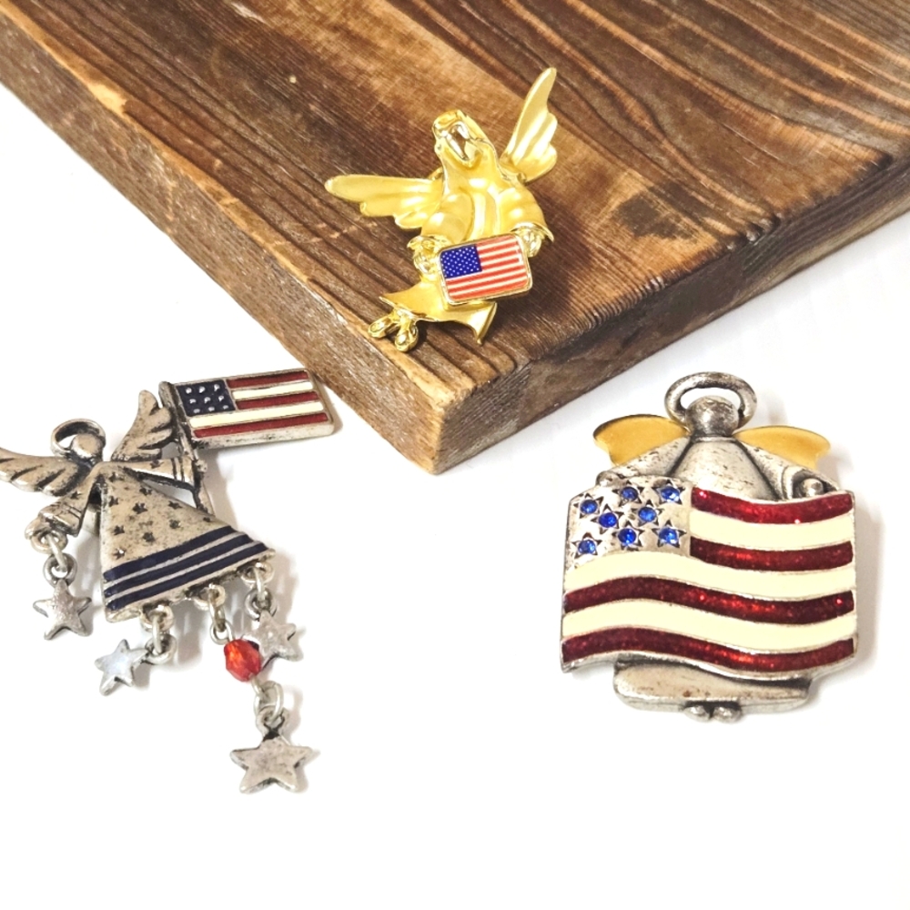 Patriotic Angel and Flag Brooch Set Of 3 Vintage Jewelry